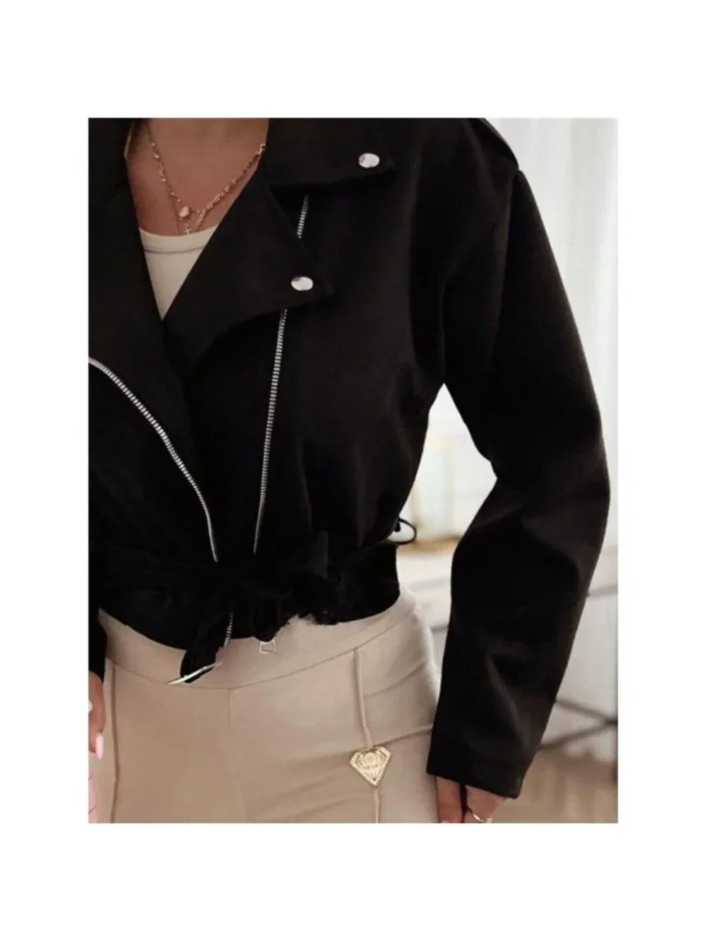 Cropped Biker Jacket with Belt Detail
